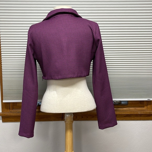 M // Zara Purple Black Houndstooth Long Sleeve Tie Hem Collared Wrap Crop Top - Picture 6 of 11